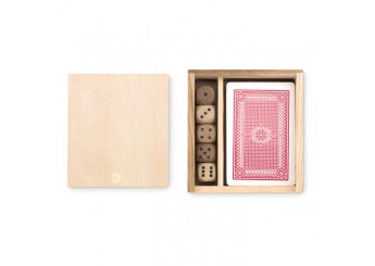 Jogo de cartas + dados em caixa de madeira
